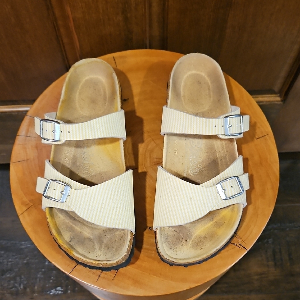 Birki's By Birkenstock Yellow & White Striped Silver Buckle Size 7.5 / 38
